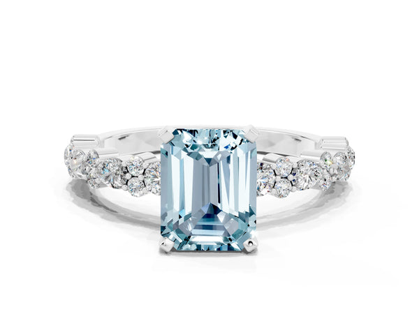 Silver Emerald Cut Aquamarine Side Stone Solitaire Ring with Round  and Four-Prong Setting