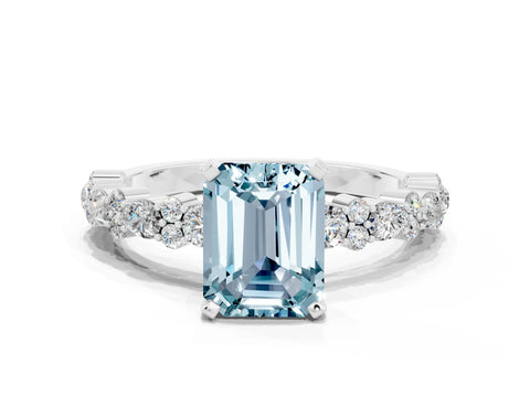 White gold Emerald Cut Aquamarine Side Stone Solitaire Ring with Round  and Four-Prong Setting_60