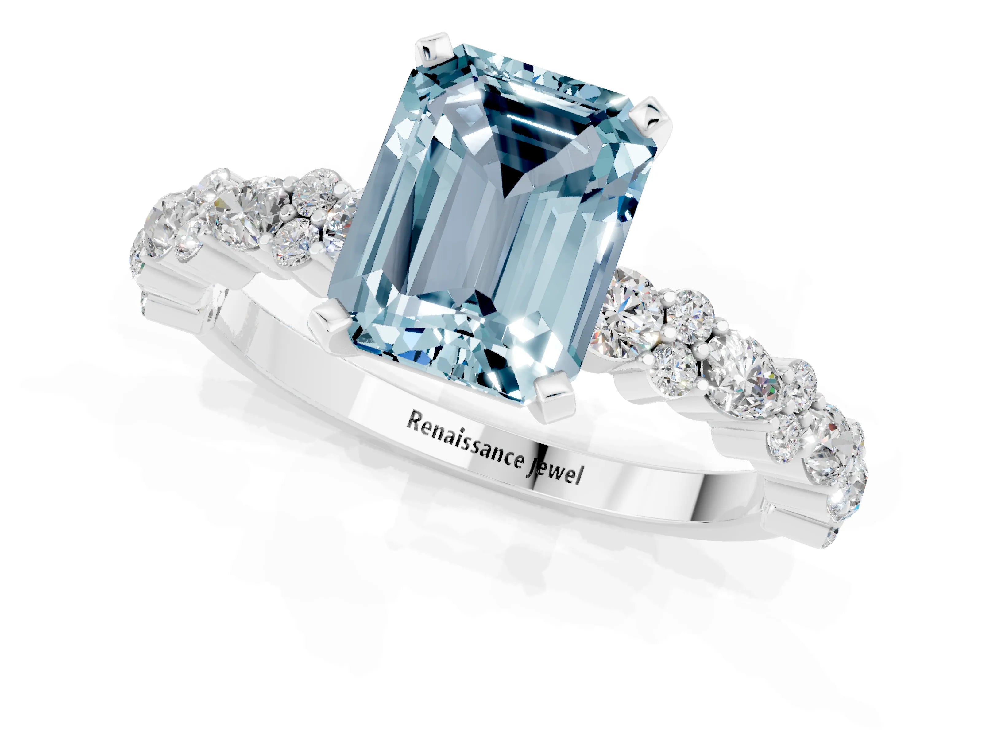 White gold Emerald Cut Aquamarine Side Stone Solitaire Ring with Round  and Four-Prong Setting_61
