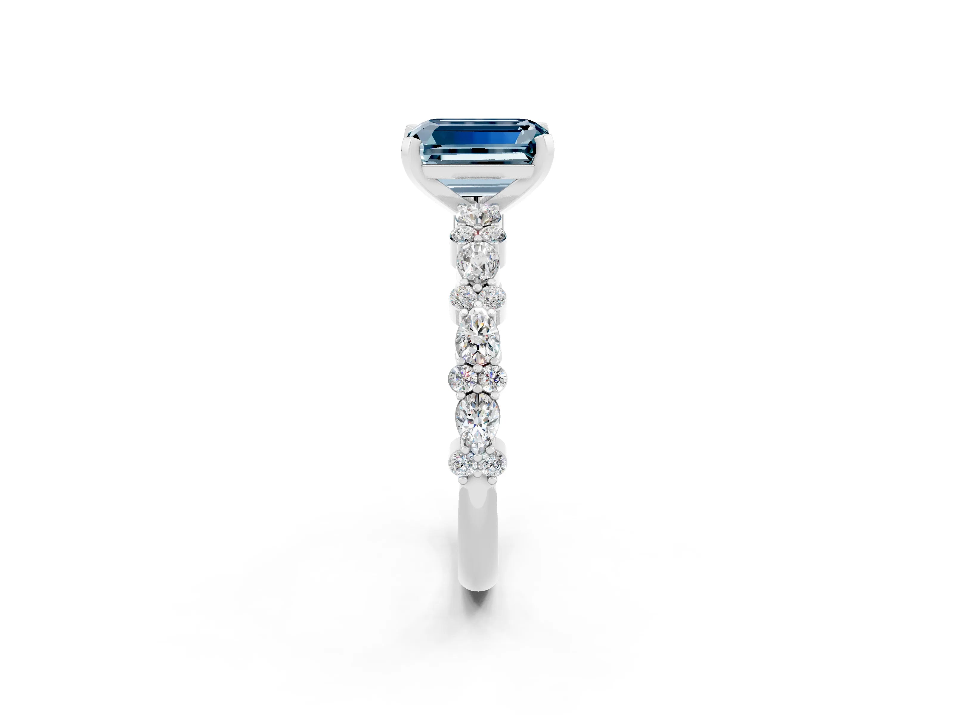 White gold Emerald Cut Aquamarine Side Stone Solitaire Ring with Round  and Four-Prong Setting_62