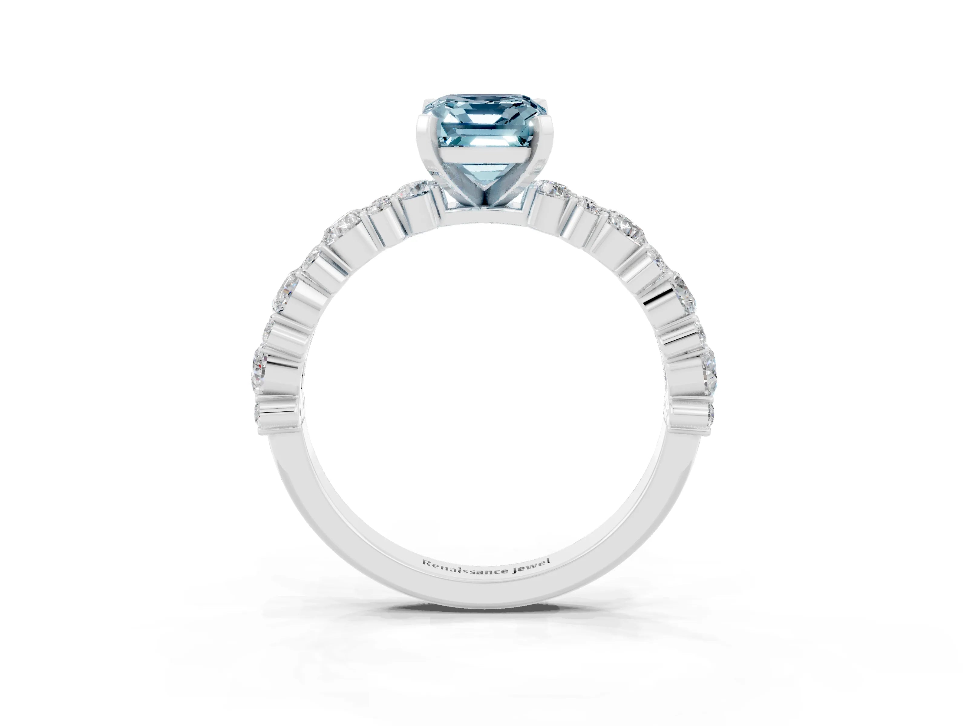 White gold Emerald Cut Aquamarine Side Stone Solitaire Ring with Round  and Four-Prong Setting_63