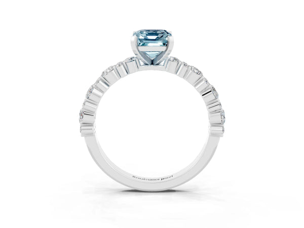 Silver Emerald Cut Aquamarine Side Stone Solitaire Ring with Round  and Four-Prong Setting