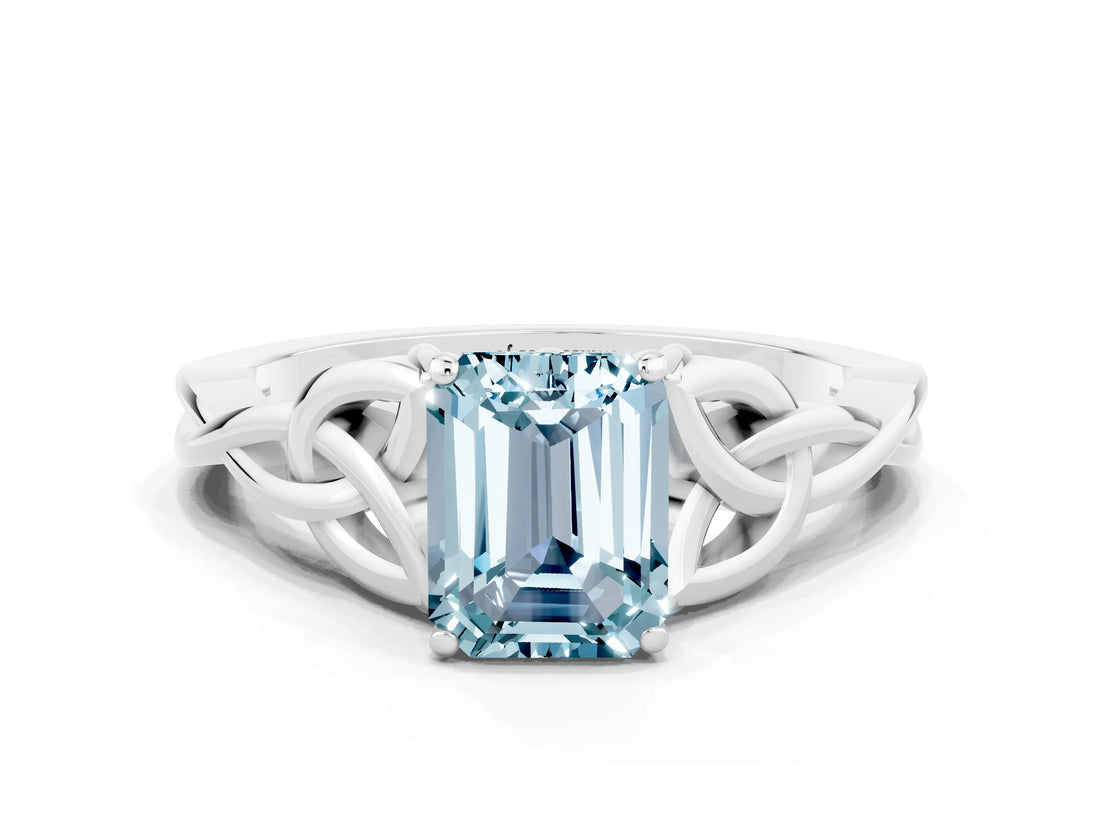 White gold Emerald Cut Aquamarine Solitaire Celtic Knot Ring with Four-Prong Setting_12