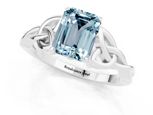 White gold Emerald Cut Aquamarine Solitaire Celtic Knot Ring with Four-Prong Setting