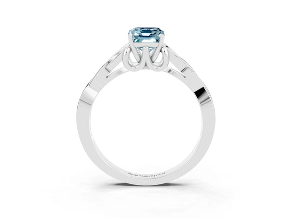 White gold Emerald Cut Aquamarine Solitaire Celtic Knot Ring with Four-Prong Setting