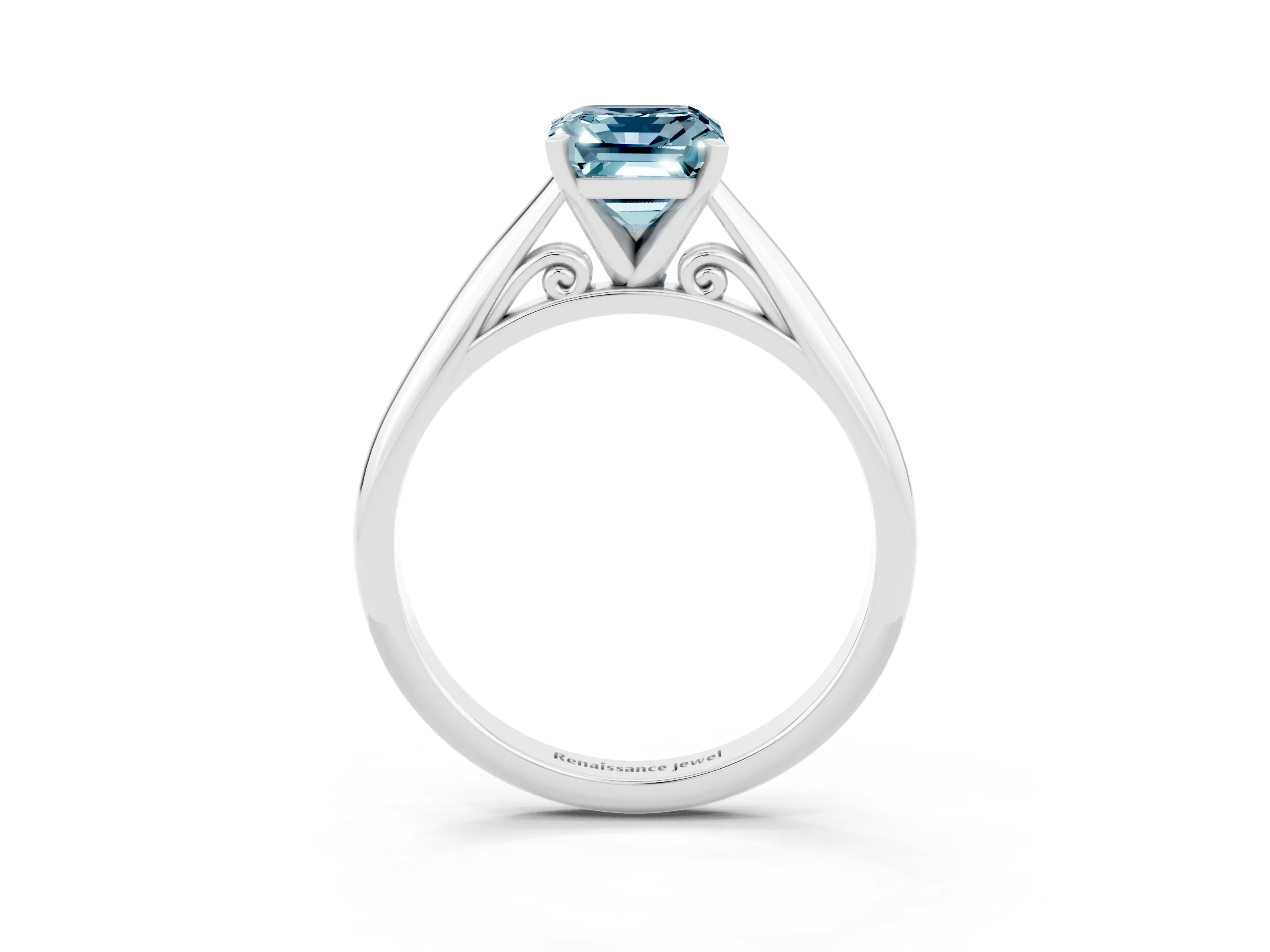 White gold Emerald Cut Aquamarine Solitaire Engagement Ring with Cathedral Setting and Four-Prong Mount_15