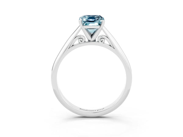 Platinum Emerald Cut Aquamarine Solitaire Engagement Ring with Cathedral Setting and Four-Prong Mount