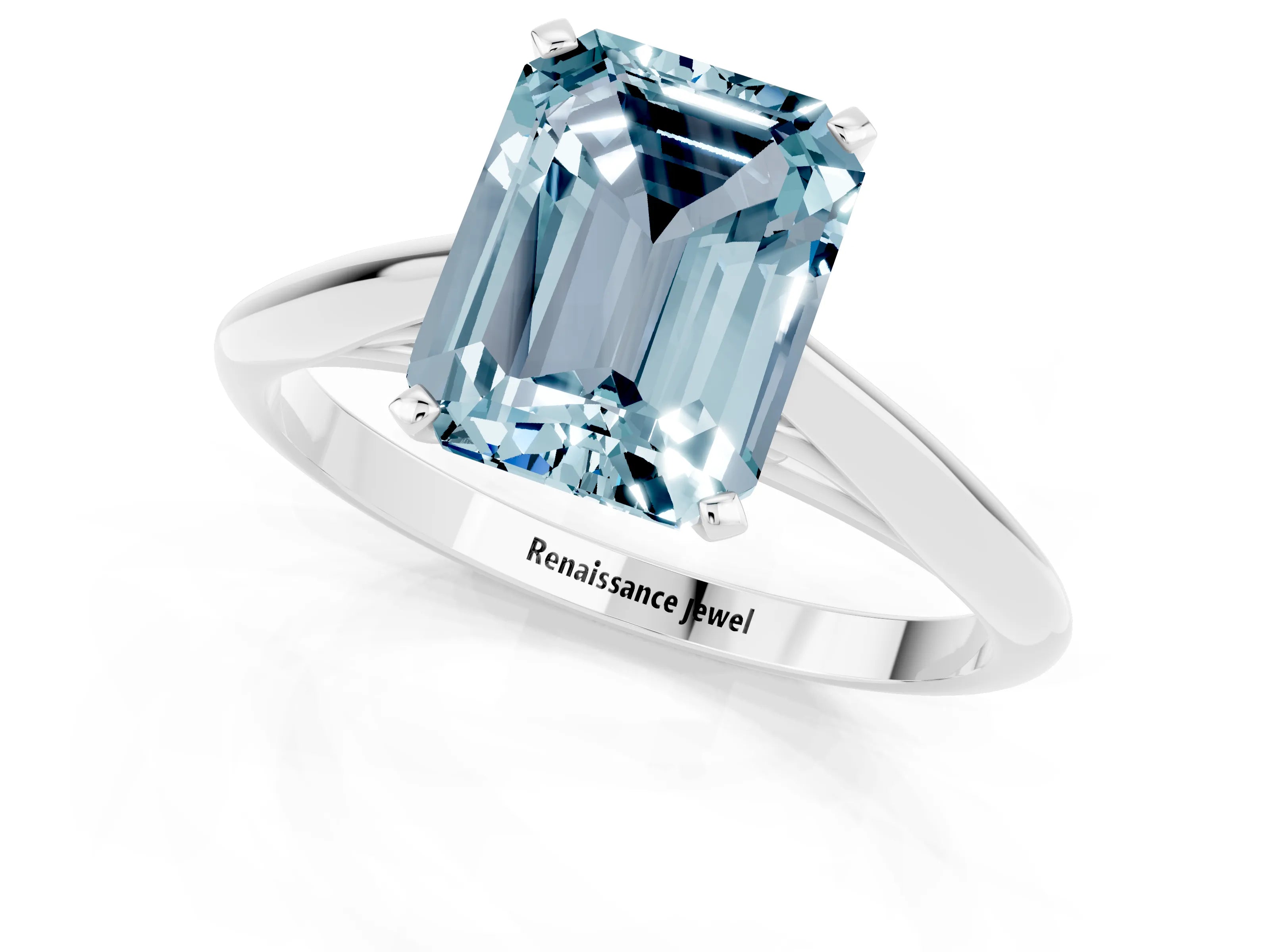 White gold Emerald Cut Aquamarine Solitaire Engagement Ring with Cathedral Setting and Four-Prong Mount_25