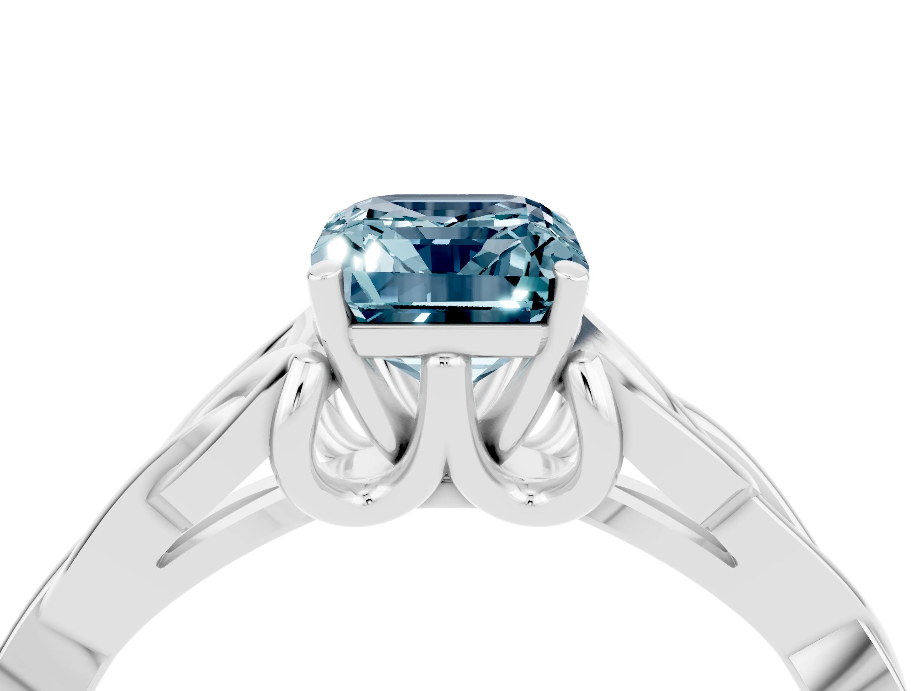 White gold Emerald Cut Aquamarine Solitaire Engagement Ring with Celtic Knot Band and Four-Prong Setting_4