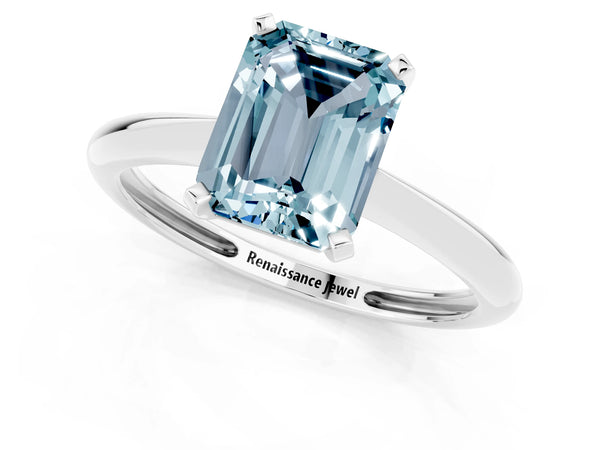 White gold Emerald Cut Aquamarine Solitaire Engagement Ring with Classic Band and Four-Prong Setting