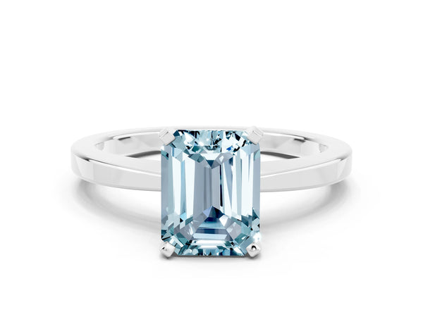 White gold Emerald Cut Aquamarine Solitaire Engagement Ring with Classic Band and Four-Prong Setting