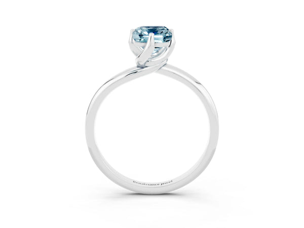 Platinum Emerald Cut Aquamarine Solitaire Engagement Ring with Four-Prong Setting and Classic Band