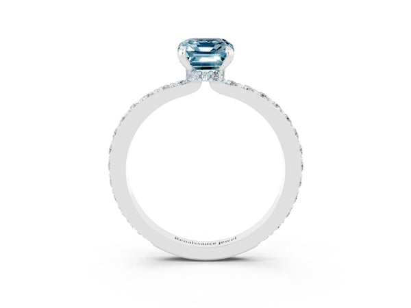 Platinum Emerald Cut Aquamarine Solitaire Engagement Ring with Pavé Band and Four-Prong Setting