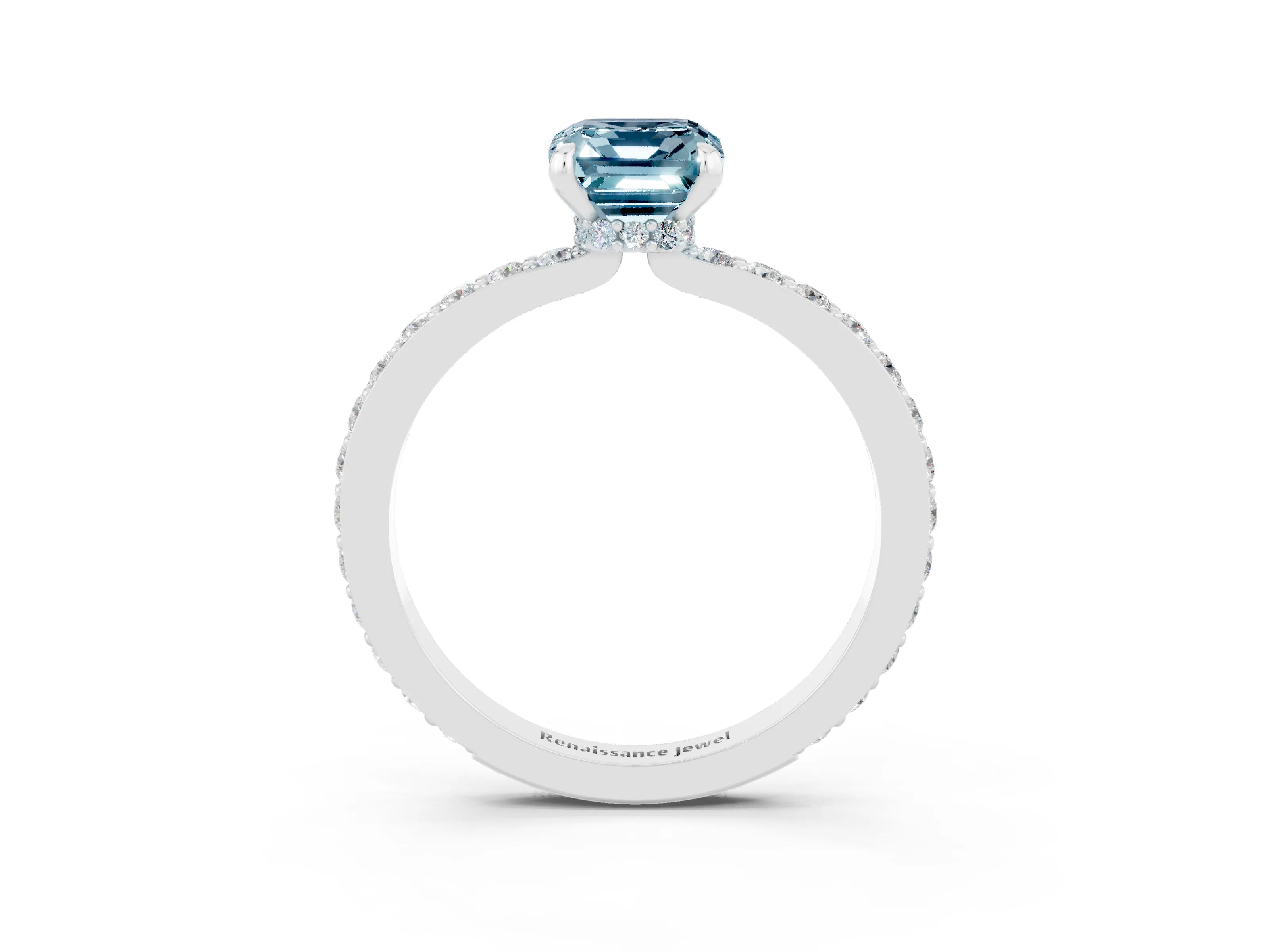 White gold Emerald Cut Aquamarine Solitaire Engagement Ring with Pavé Band and Four-Prong Setting_3
