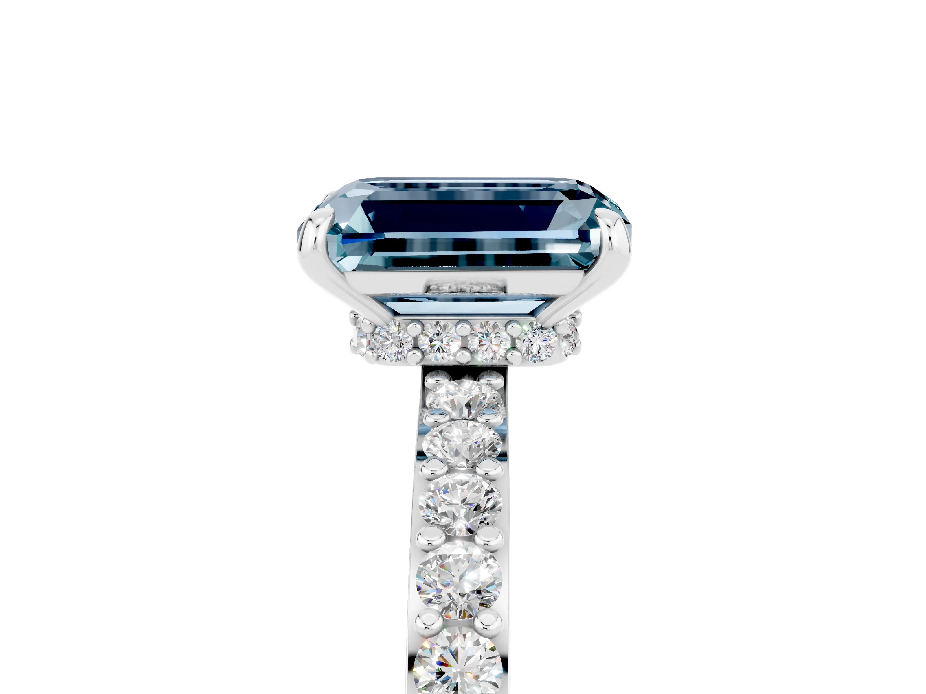White gold Emerald Cut Aquamarine Solitaire Engagement Ring with Pavé Band and Four-Prong Setting_5