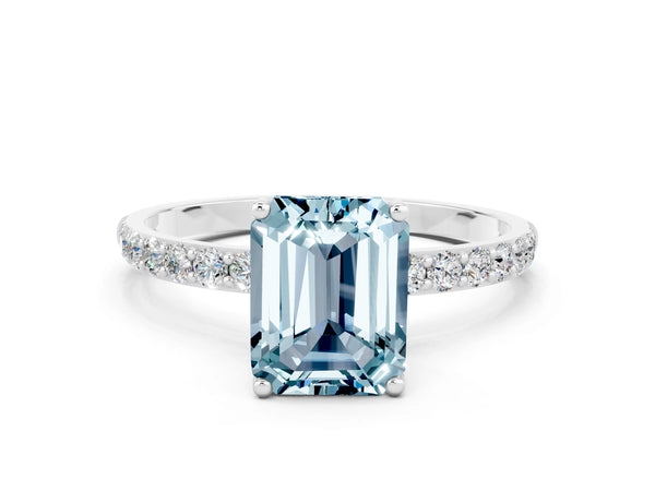 Platinum Emerald Cut Aquamarine Solitaire Engagement Ring with Round  Pavé Band and Prong Setting