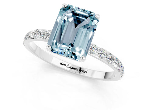 White gold Emerald Cut Aquamarine Solitaire Engagement Ring with Pavé Band and Prong Setting_1