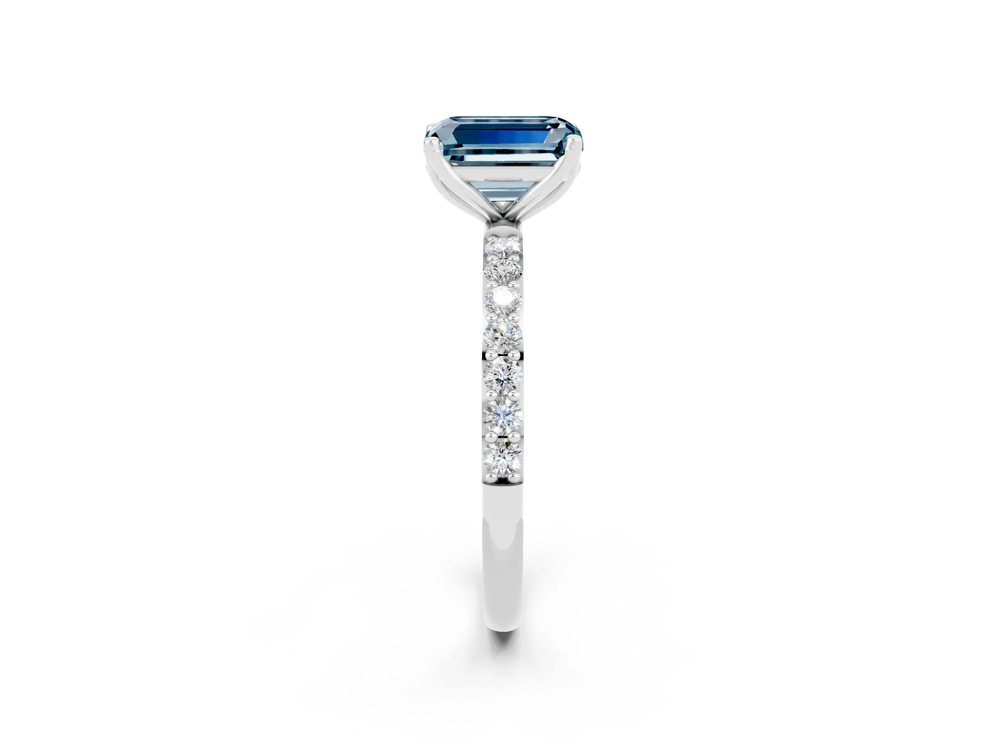 White gold Emerald Cut Aquamarine Solitaire Engagement Ring with Pavé Band and Prong Setting_2