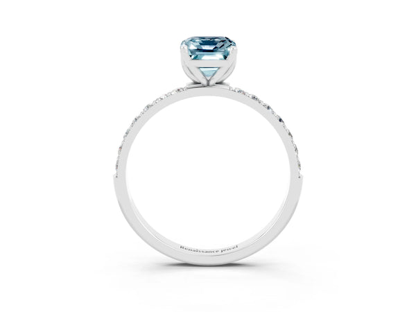 Platinum Emerald Cut Aquamarine Solitaire Engagement Ring with Round  Pavé Band and Prong Setting