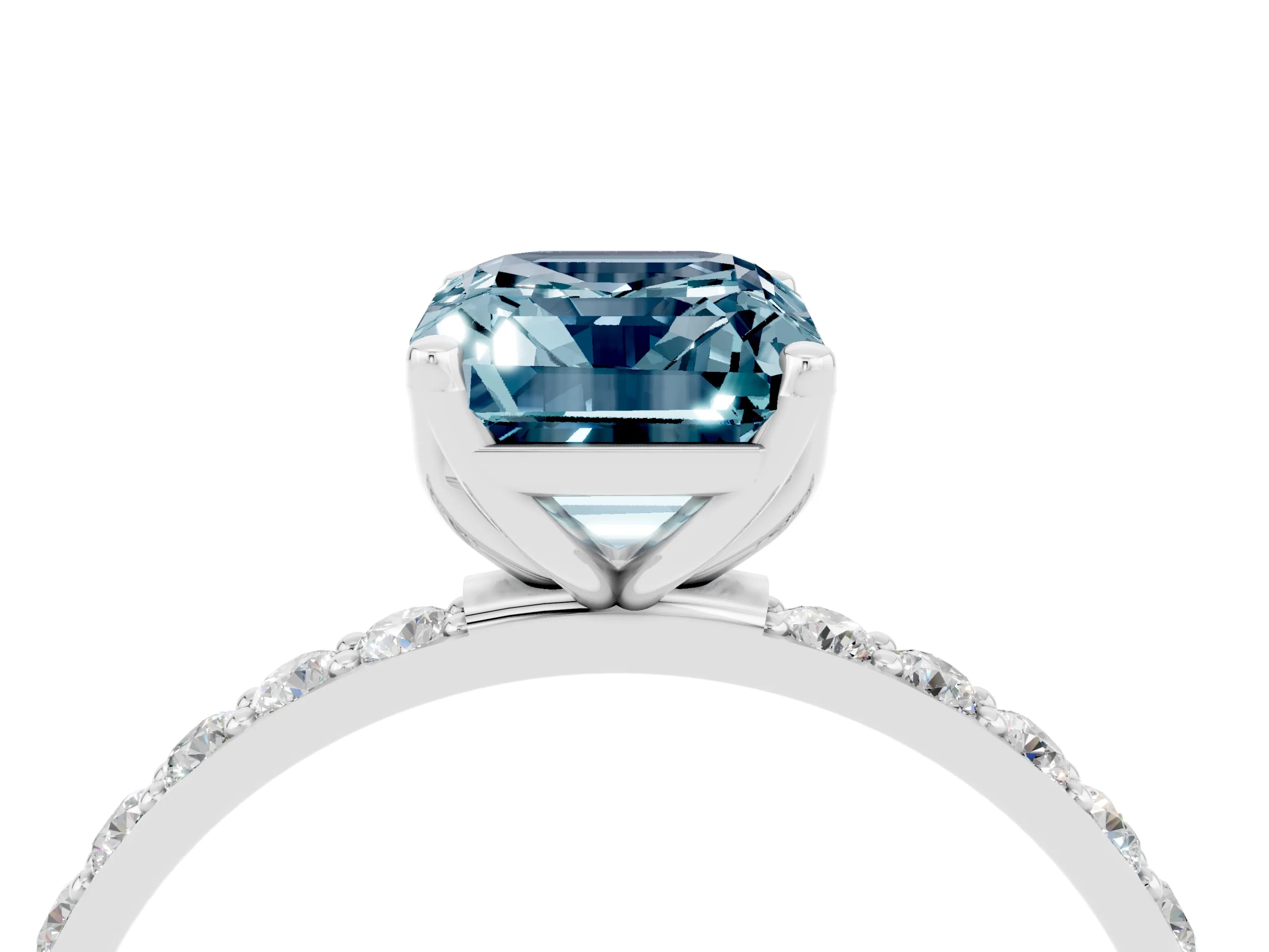 White gold Emerald Cut Aquamarine Solitaire Engagement Ring with Pavé Band and Prong Setting_4