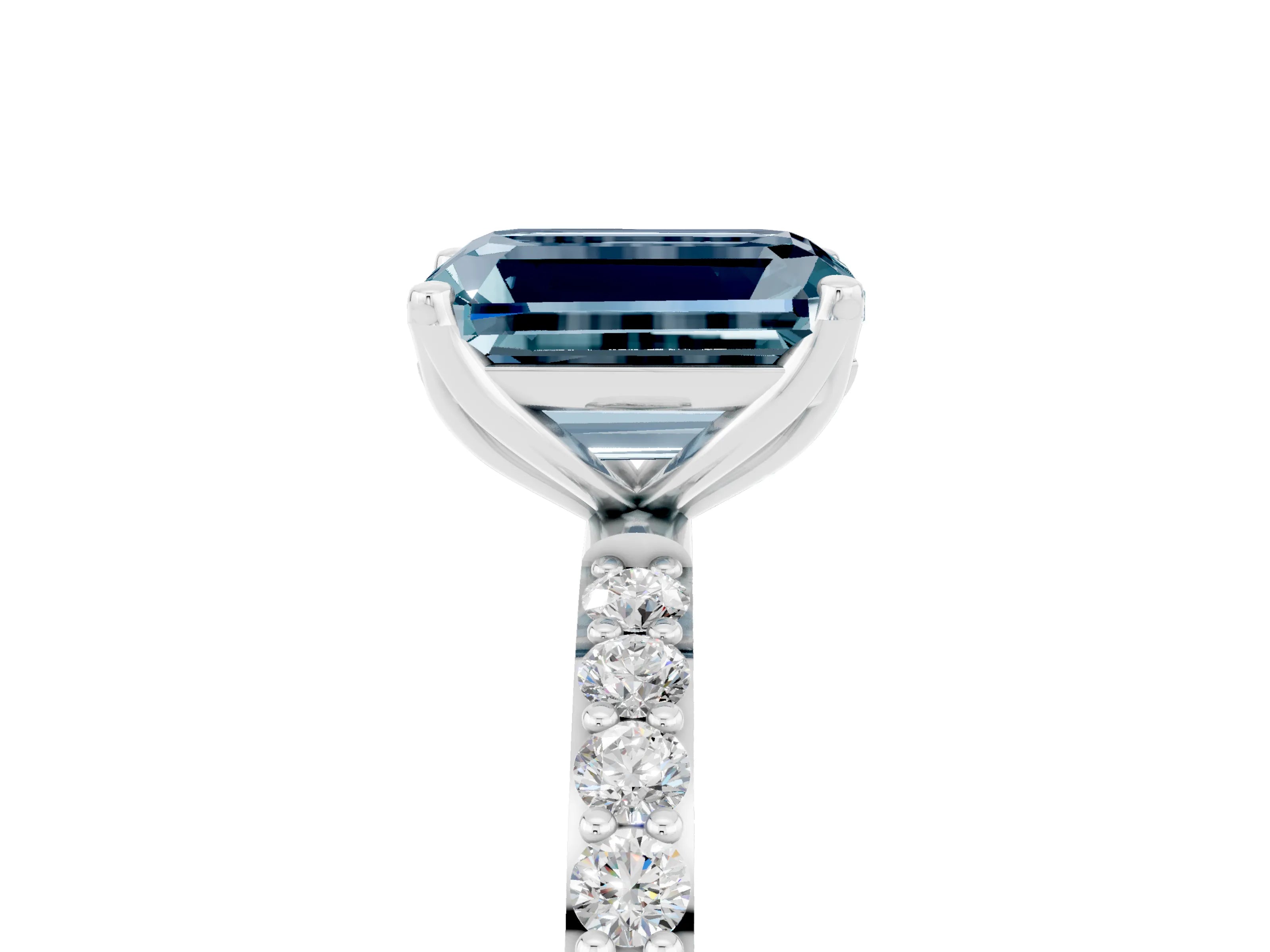 White gold Emerald Cut Aquamarine Solitaire Engagement Ring with Pavé Band and Prong Setting_5