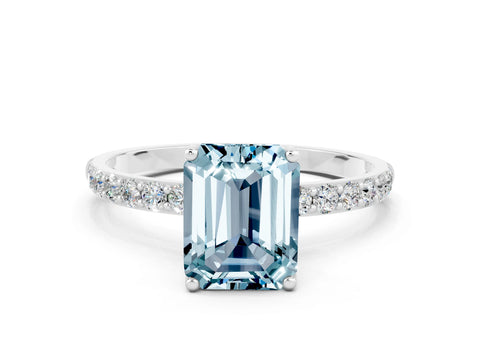 White gold Emerald Cut Aquamarine Solitaire Engagement Ring with Pavé Band and Prong Setting