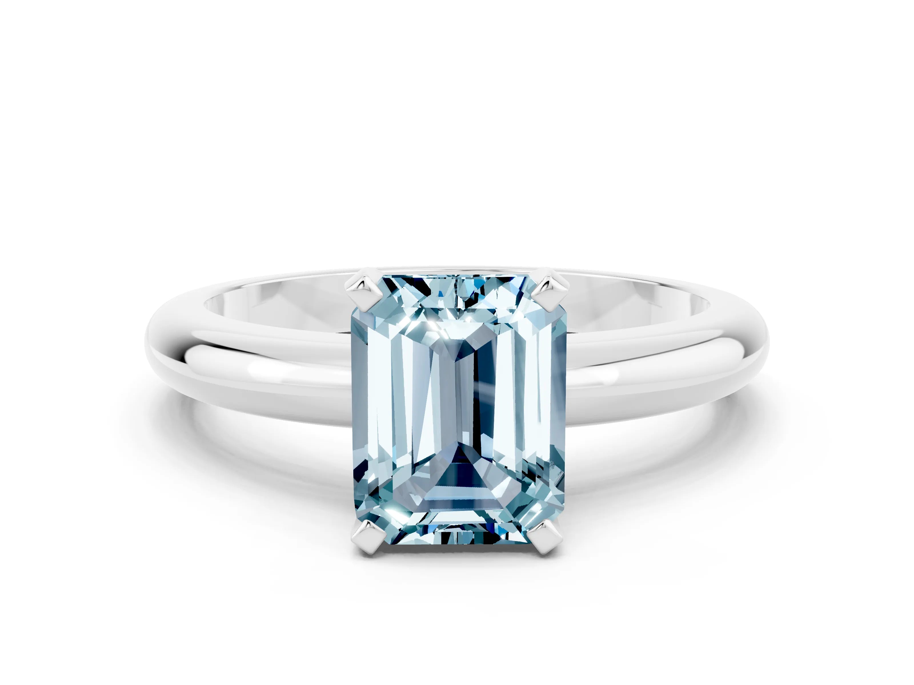White gold Emerald Cut Aquamarine Solitaire Engagement Ring with Round Band and Four-Prong Setting