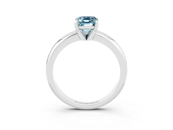 Platinum Emerald Cut Aquamarine Solitaire Engagement Ring with Round Band and Four-Prong Setting