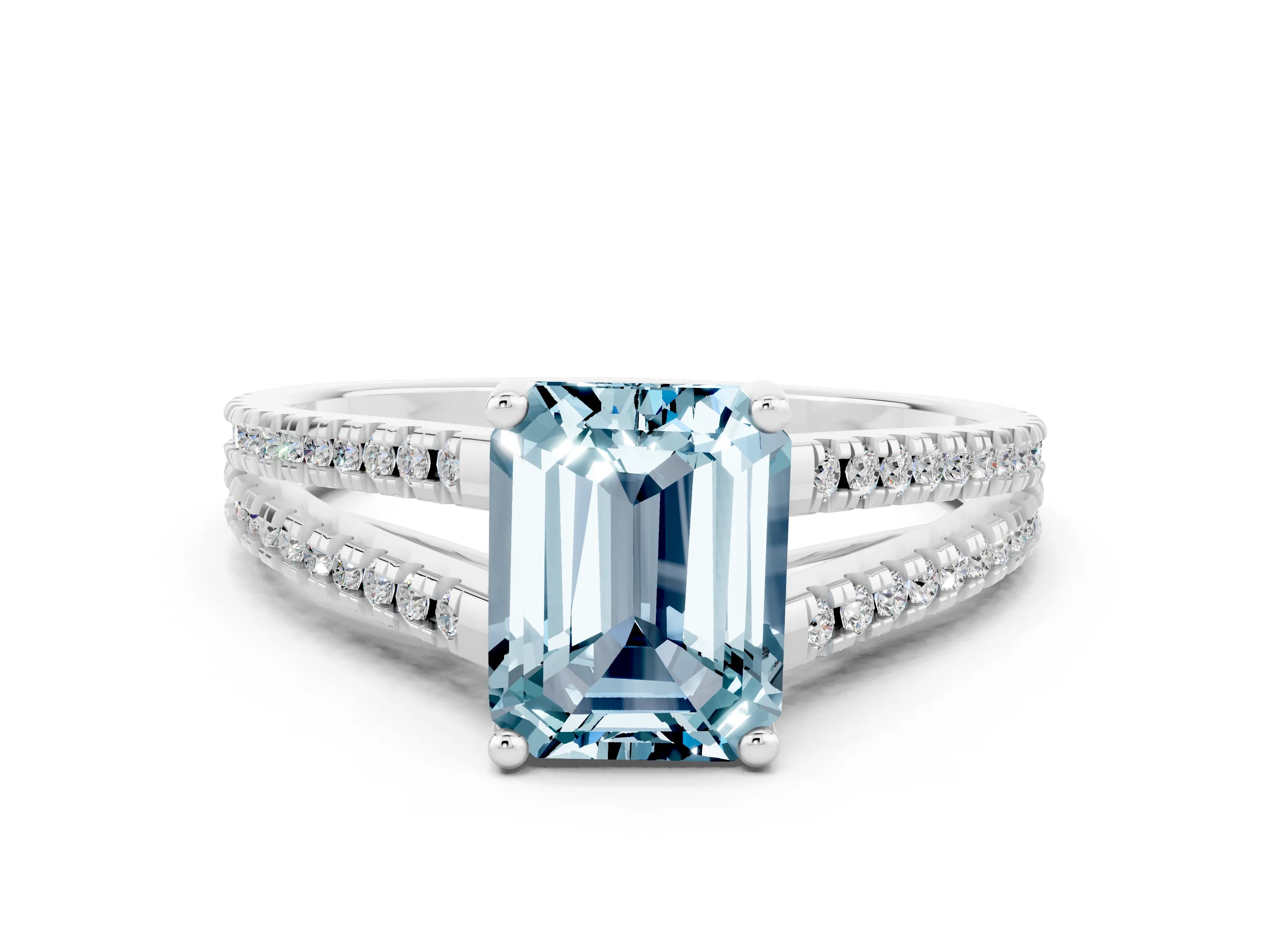 White gold Emerald Cut Aquamarine Solitaire Engagement Ring with Split Shank Pavé Band