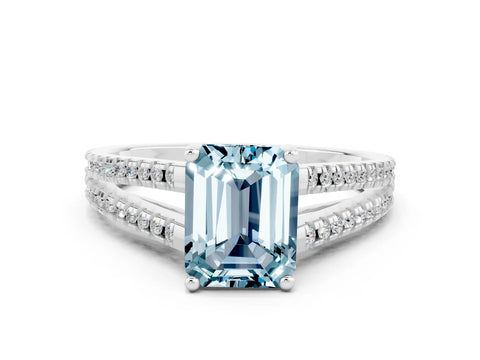 White gold Emerald Cut Aquamarine Solitaire Engagement Ring with Split Shank Pavé Band