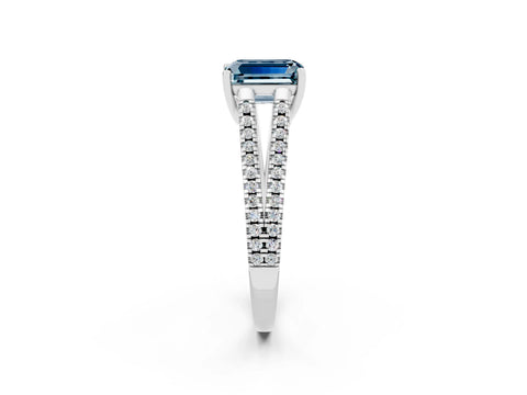 White gold Emerald Cut Aquamarine Solitaire Engagement Ring with Split Shank Pavé Band_2