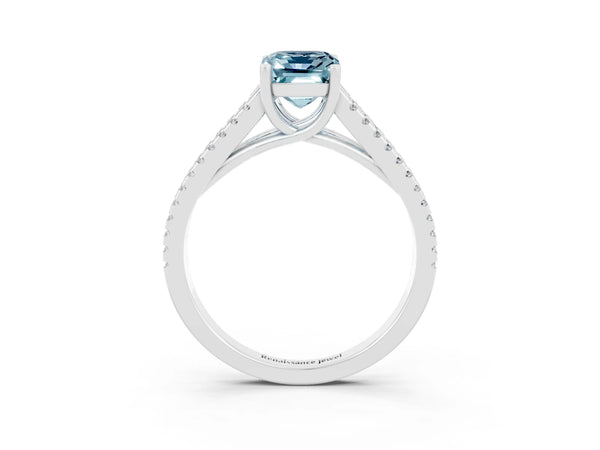 White gold Emerald Cut Aquamarine Solitaire Engagement Ring with Split Shank Pavé Band