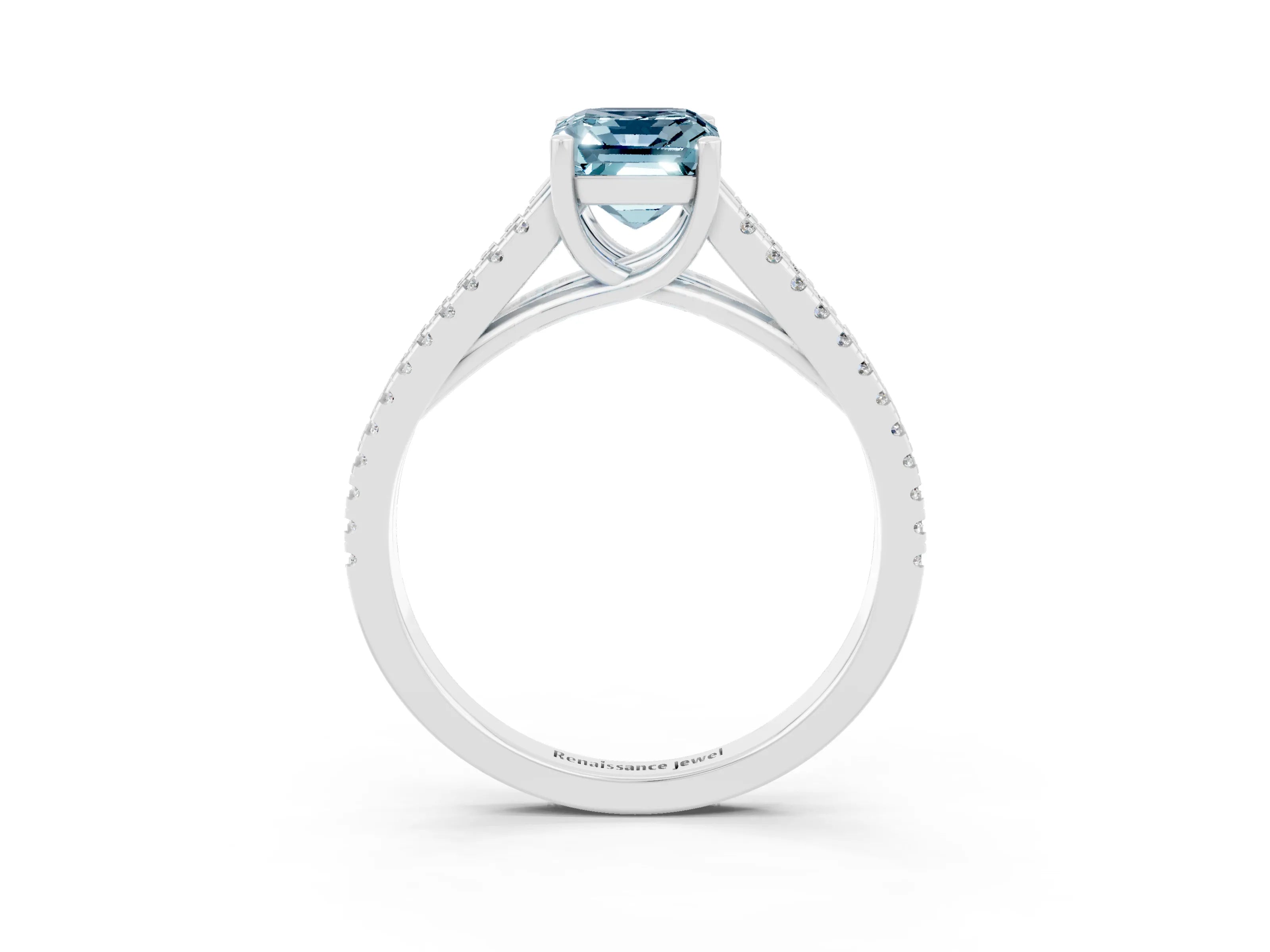 White gold Emerald Cut Aquamarine Solitaire Engagement Ring with Split Shank Pavé Band_3