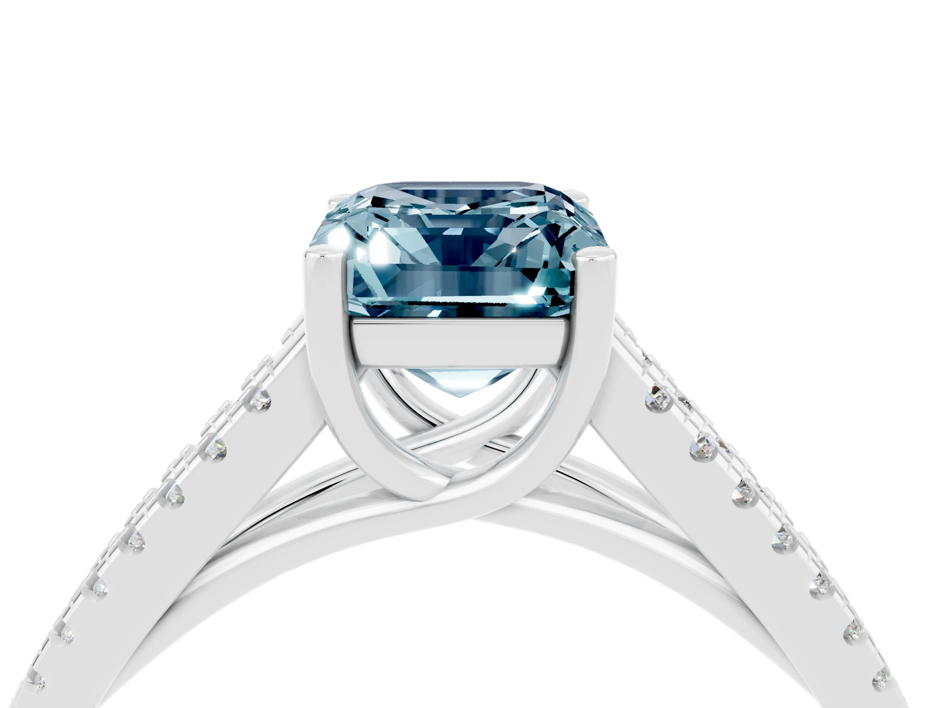 White gold Emerald Cut Aquamarine Solitaire Engagement Ring with Split Shank Pavé Band_4