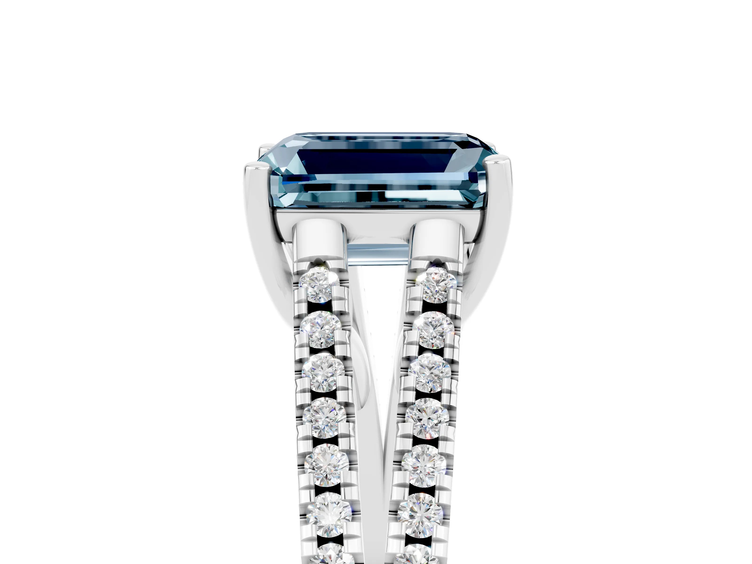 White gold Emerald Cut Aquamarine Solitaire Engagement Ring with Split Shank Pavé Band_5