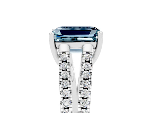 White gold Emerald Cut Aquamarine Solitaire Engagement Ring with Split Shank Pavé Band_5