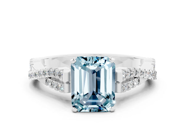 Platinum Emerald Cut Aquamarine Solitaire Engagement Ring with Twisted Pavé Band and Four-Prong Setting