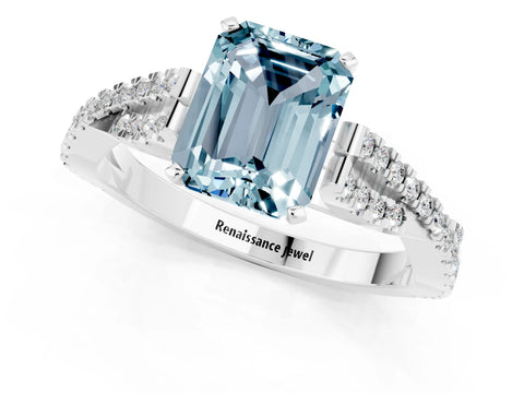 White gold Emerald Cut Aquamarine Solitaire Engagement Ring with Twisted Pavé Band and Four-Prong Setting_1