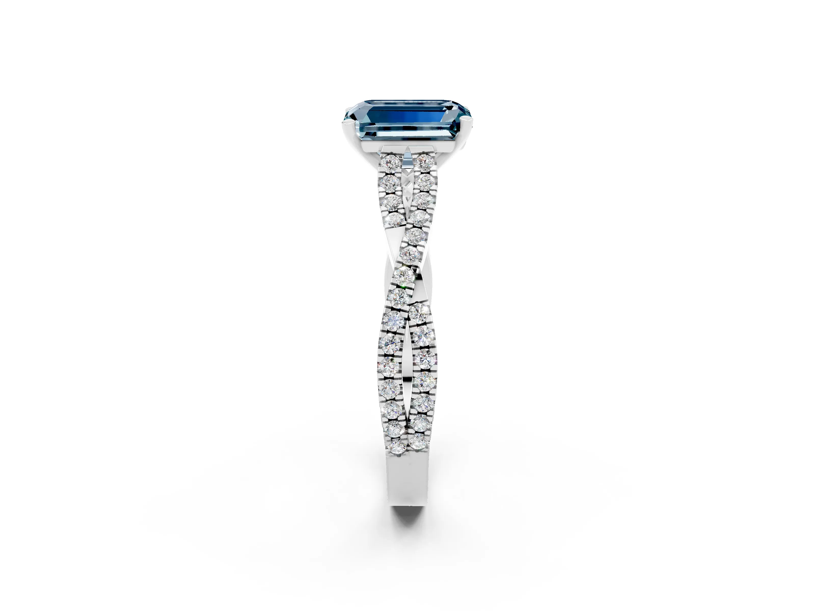 White gold Emerald Cut Aquamarine Solitaire Engagement Ring with Twisted Pavé Band and Four-Prong Setting_2