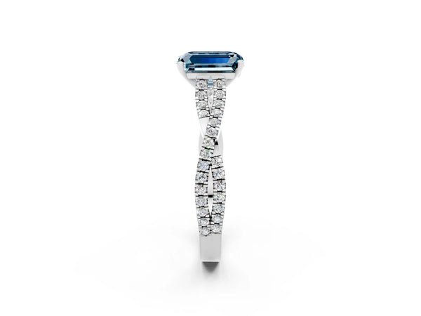 White gold Emerald Cut Aquamarine Solitaire Engagement Ring with Twisted Pavé Band and Four-Prong Setting