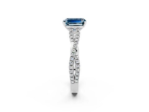 White gold Emerald Cut Aquamarine Solitaire Engagement Ring with Twisted Pavé Band and Four-Prong Setting_2