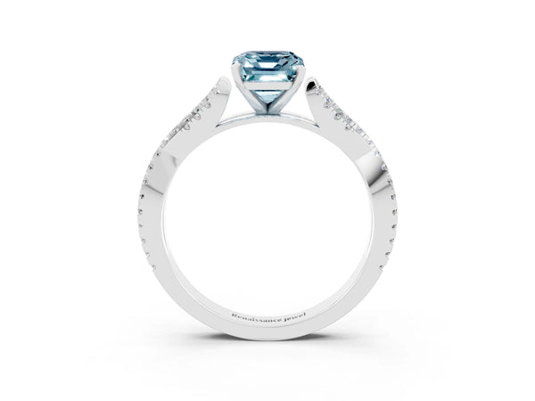 White gold Emerald Cut Aquamarine Solitaire Engagement Ring with Twisted Pavé Band and Four-Prong Setting