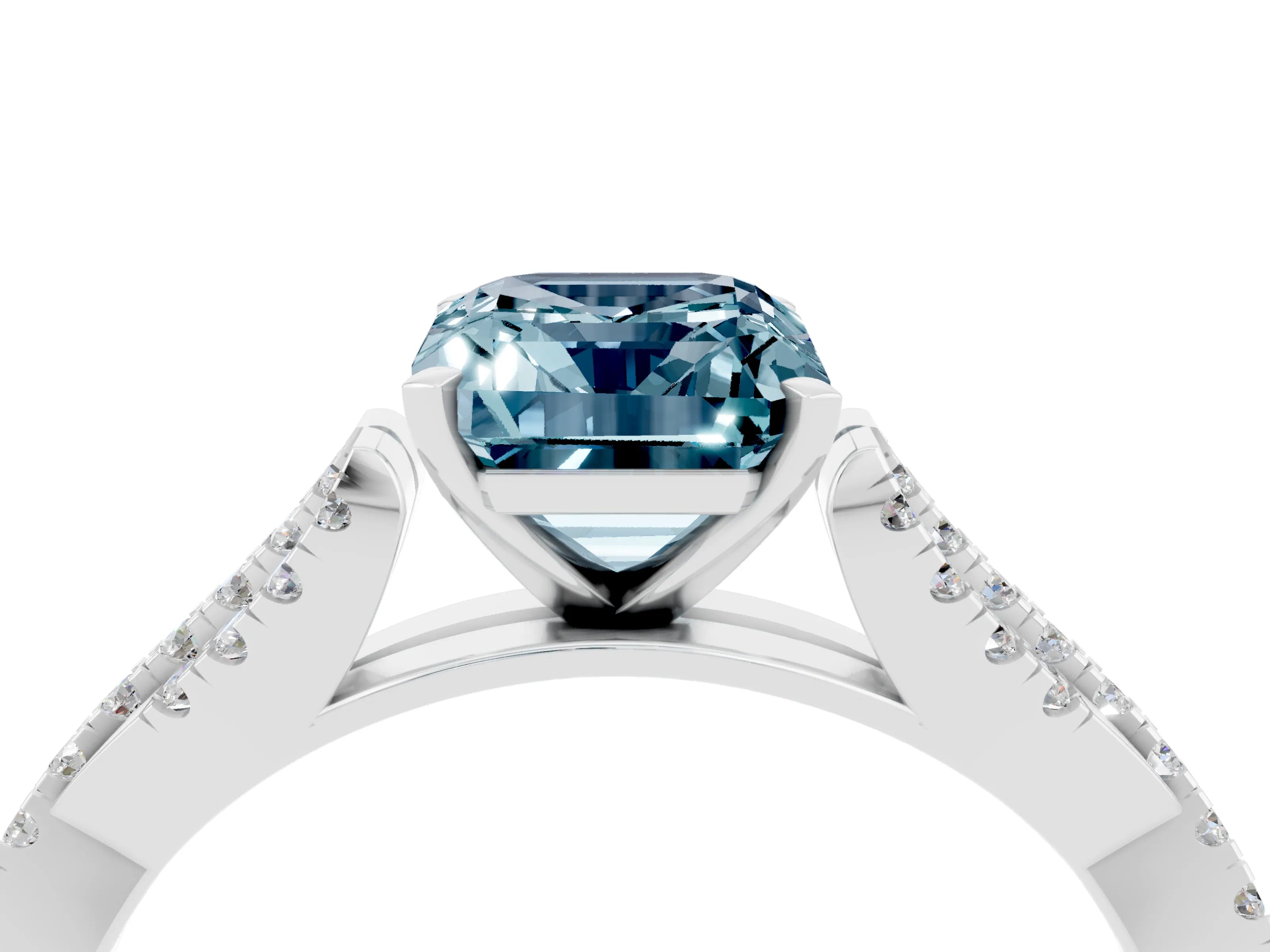 White gold Emerald Cut Aquamarine Solitaire Engagement Ring with Twisted Pavé Band and Four-Prong Setting_4