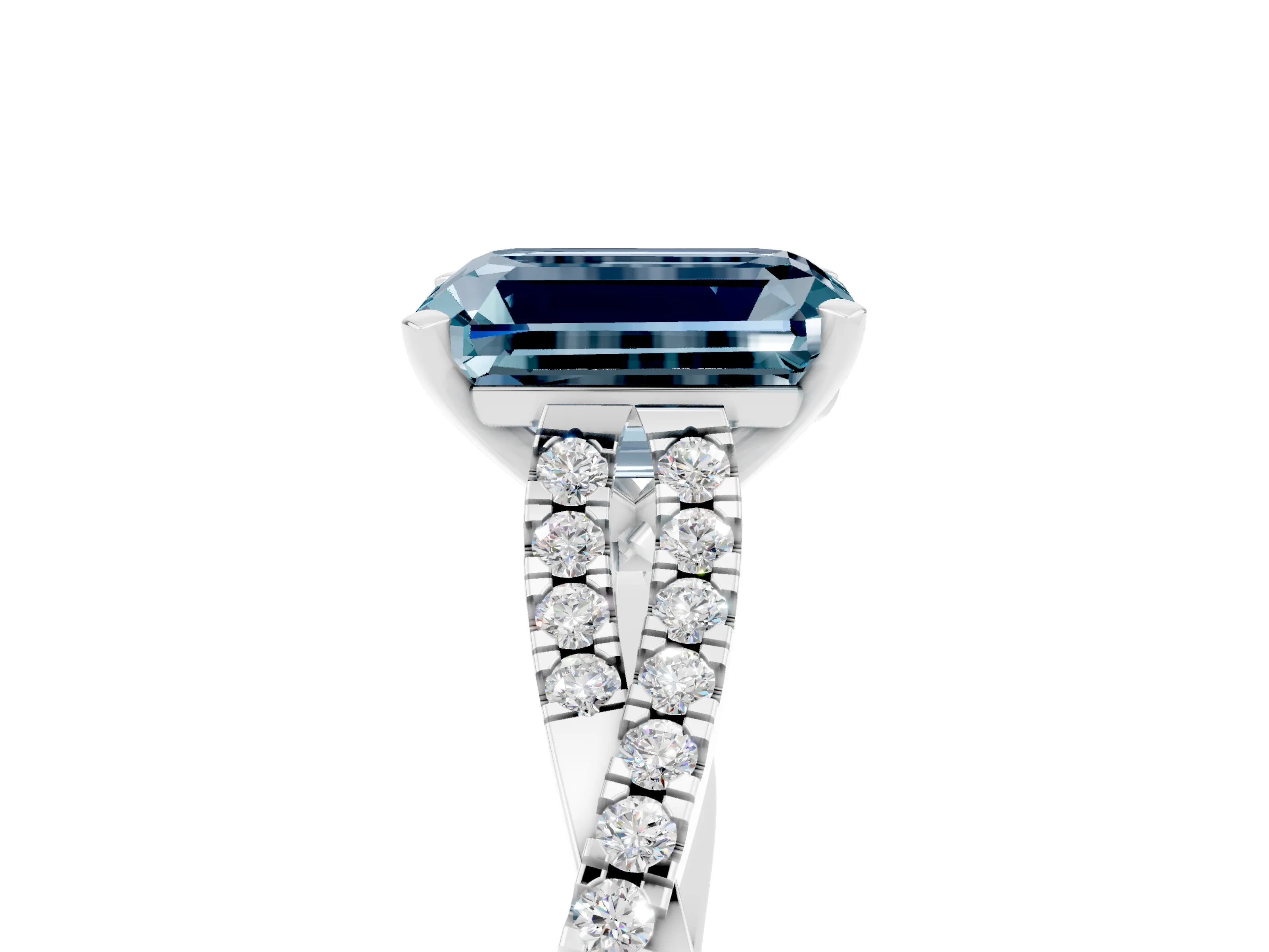 White gold Emerald Cut Aquamarine Solitaire Engagement Ring with Twisted Pavé Band and Four-Prong Setting_5
