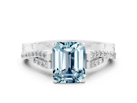 White gold Emerald Cut Aquamarine Solitaire Engagement Ring with Twisted Pavé Band and Four-Prong Setting