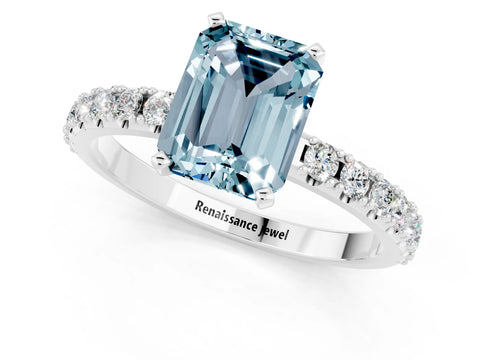 White gold Emerald Cut Aquamarine Solitaire Pavé Band with Four-Prong Setting_1