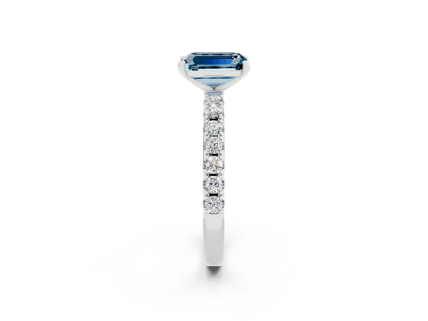 Platinum Emerald Cut Aquamarine Solitaire Pavé Band with Four-Prong Setting