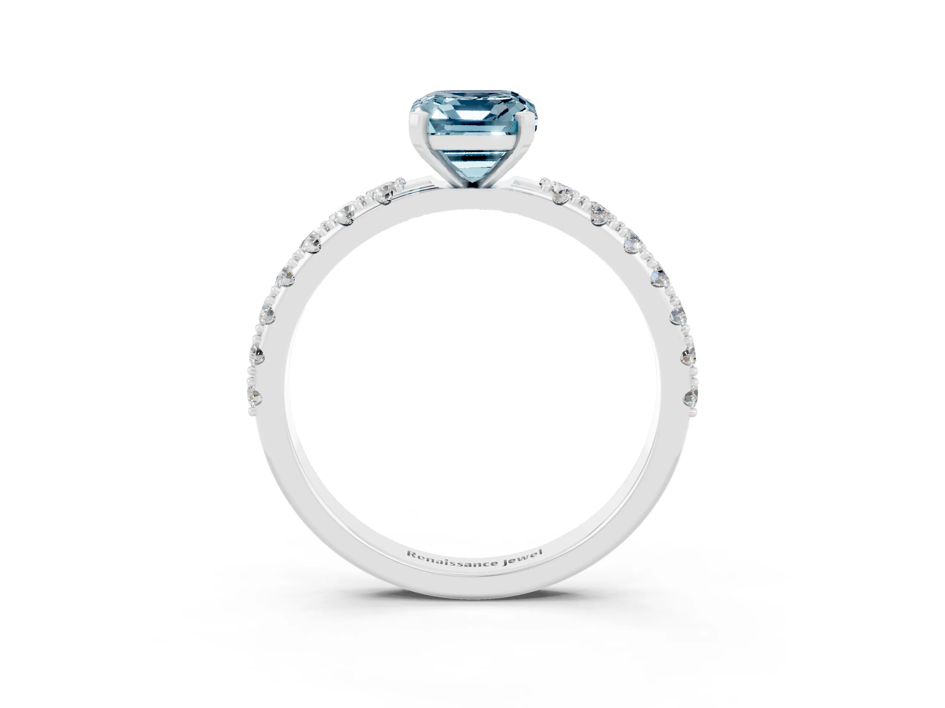 White gold Emerald Cut Aquamarine Solitaire Pavé Band with Four-Prong Setting_3