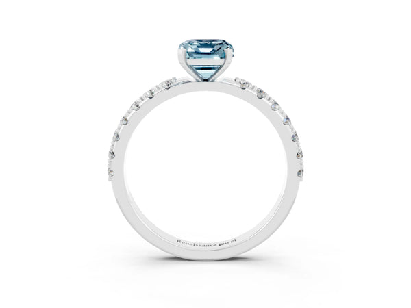 White gold Emerald Cut Aquamarine Solitaire Pavé Band with Four-Prong Setting