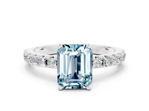 White gold Emerald Cut Aquamarine Solitaire Pavé Band with Four-Prong Setting